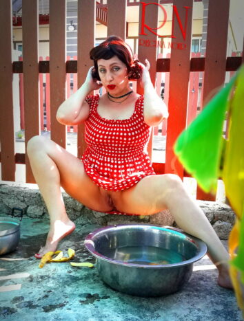 Retro maid prepares potatoes for dinner. Vintage performance